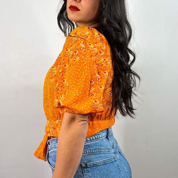 Joie Orange Cropped Tie Button Front Half Sleeve Floral Blouse - Picture 2 of 7